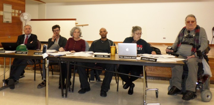 Members of Berkeley’s Medical Cannabis Commission,(l to r): Michael Cooper, Stewart Jones, Karen Marie Rice, Damond Tims, Tina Ferguson and Charles Pappas, heard pitches from six dispensaries Jan. 28. Photo: Lisa Tsering