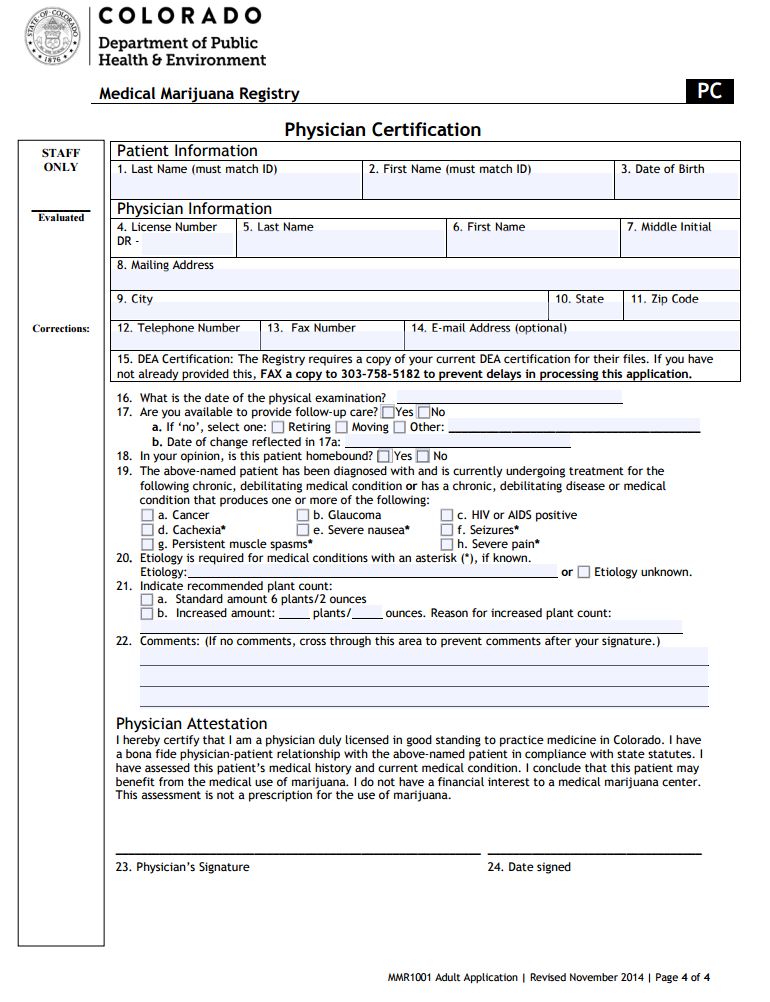 Current Colorado Medical Marijuana Physician Certification